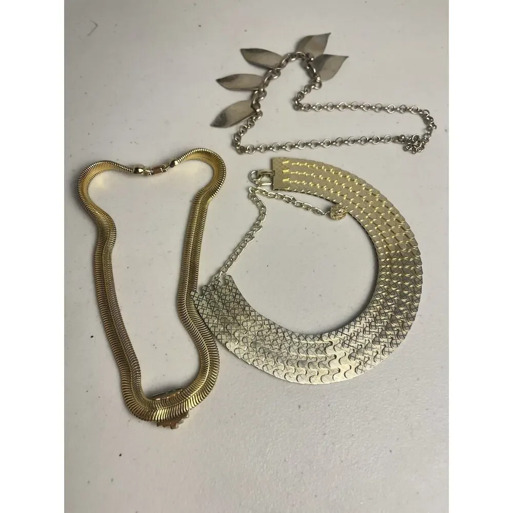 Gold Tone Snake Chain Necklace Collar Fringe Bib Leaf Vintage Estate Jewelry Lot